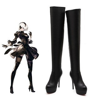 HE3 Trò Chơi Mới Nier Automata Cosplay Giày YoRHa 2B Chiều Dài Đầu Gối Da PU Cosplay Giày Cao Gót Đe