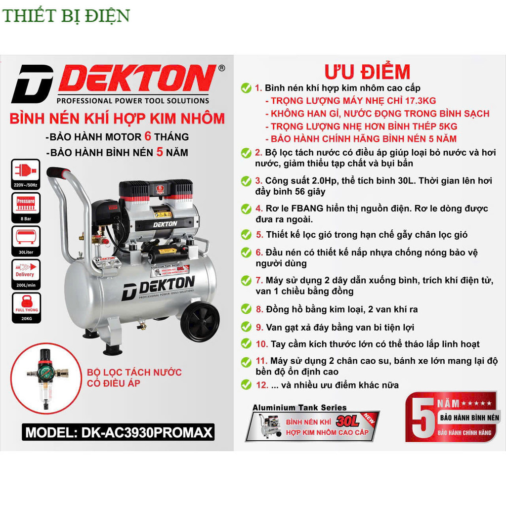 Máy nén khí dekton DK-AC3930Pro , 30lít 2hp , có tách lọc nước Thiết Bị Điện
