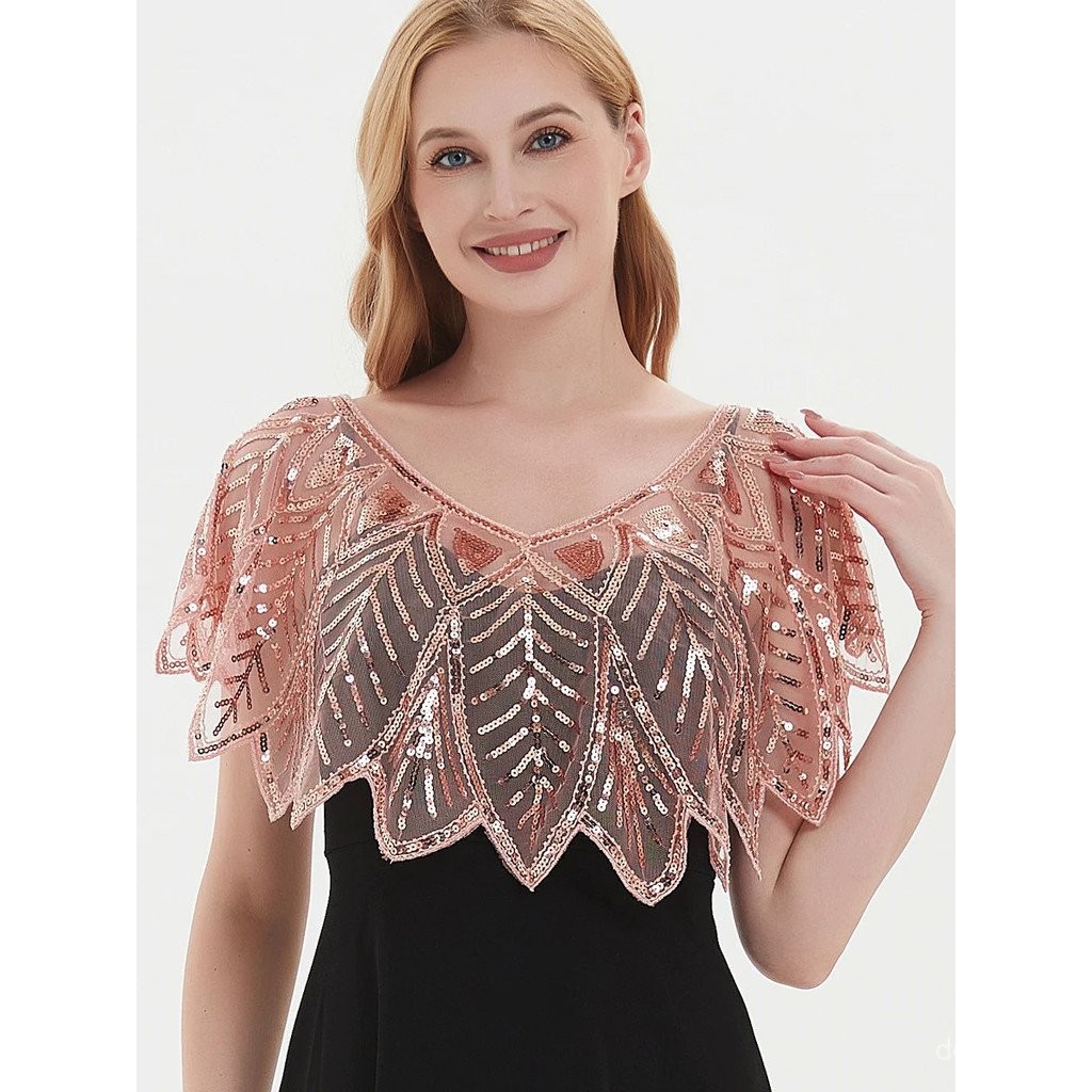 Khăn choàng buổi tối sequin hạt 1920, khăn choàng cô dâu Filipiniana, áo bolero vintage, thêu lá zig