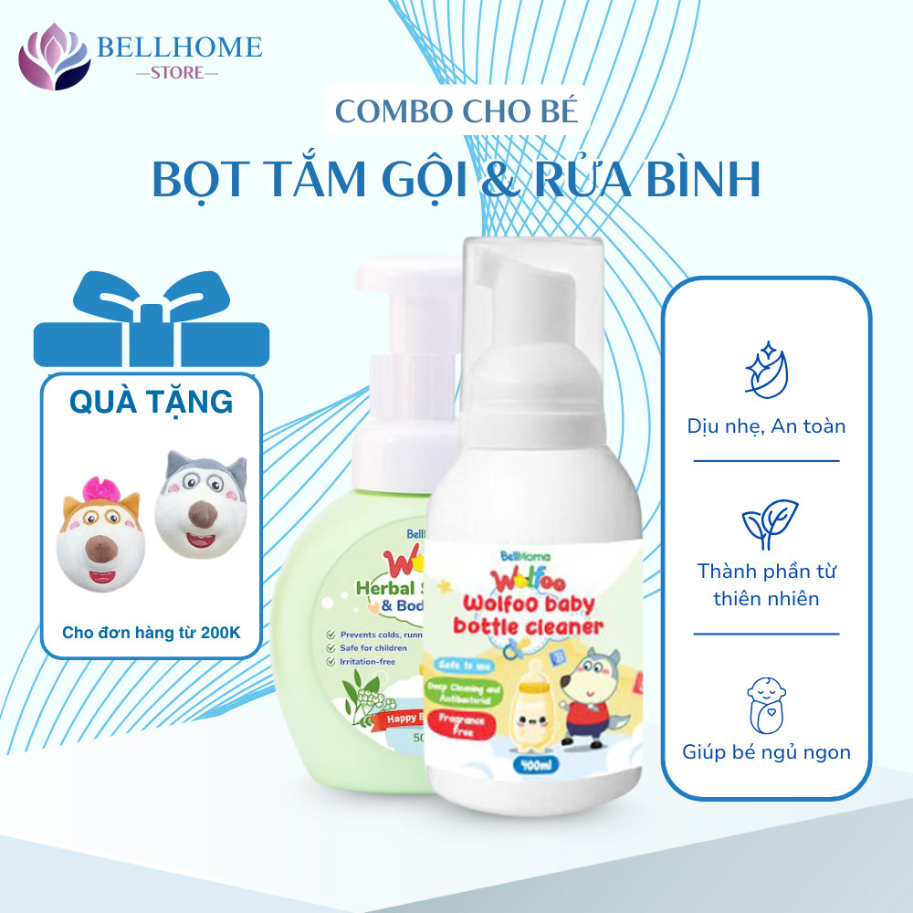 Combo bọt rửa bình sữa Wolfoo Baby BellHome và bọt tắm gội thảo dược cho bé Wolfoo Baby BellHome
