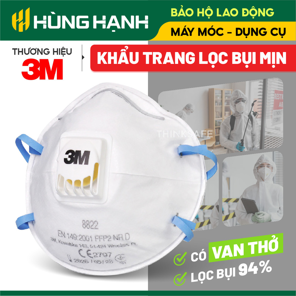 Khẩu trang 3M 8822 có van thở 1 chiều, ngăn bụi 95%, kháng khuẩn, dây đeo qua đầu Khẩu trang 4D