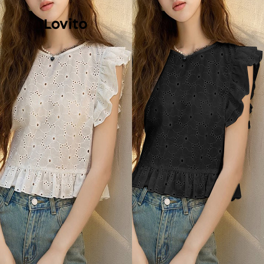 (Trendy) Lovito Áo Tank Top Plain Eyewear Thêu Ruffle Tank Top dành cho nữ LNE20172 (Trắng) | BigBuy360 - bigbuy360.vn