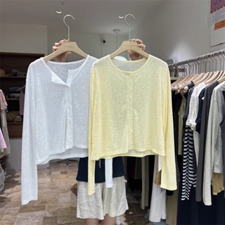 Áo khoác cardigan chống nắng bằng lụa lạnh Jiashucheng cho phụ nữ mùa hè mới cổ tròn nút đơn tay dài mỏng áo khoác điều hòa