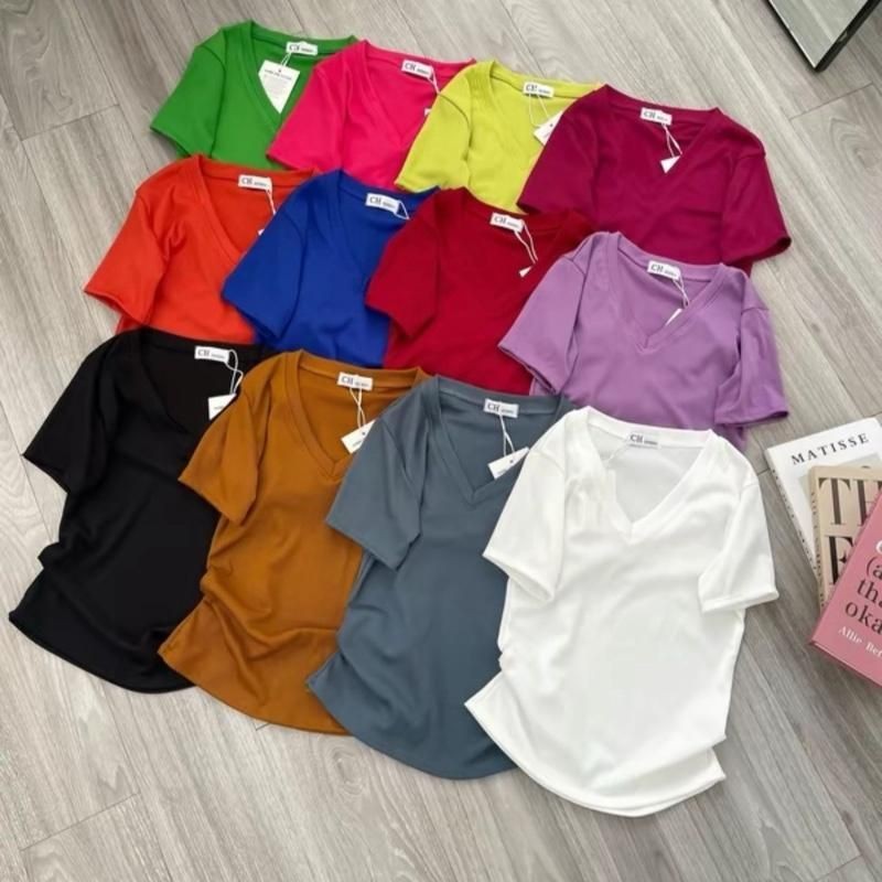 A66 Áo Thun Nữ Trơn Cổ Tim Ngắn Tay Nhiều Màu Sắc Thời Trang A66