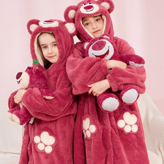 Bộ Đồ Ngủ Trẻ Em Xuân Thu Phong Cách Mới Bé Gái Đỏ Dâu Gấu Lông Cừu Dày San Hô Lông Cừu Ấm Bộ Váy Ngủ