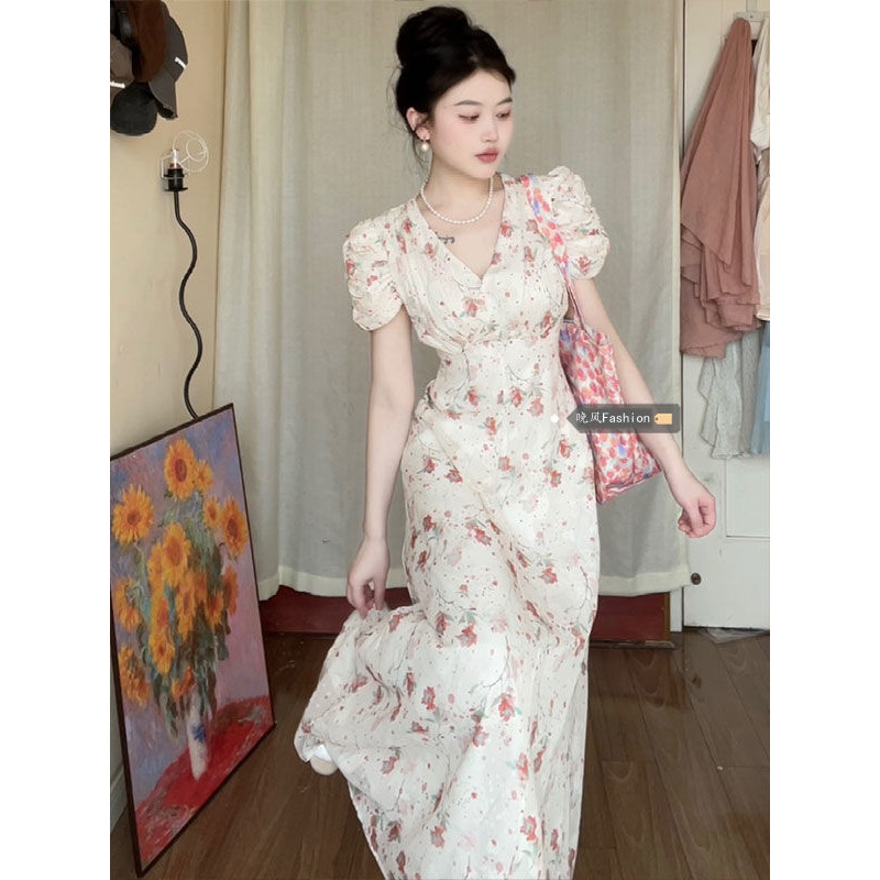 Váy Liền Cổ Chữ V Tay Phồng Hoa Nhí