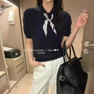 Áo chui đầu dệt kim nữ vải lanh số ít tay ngắn thiết kế Khăn lụa cổ Polo mùa hè Balamy mỏng nhẹ tôn dáng