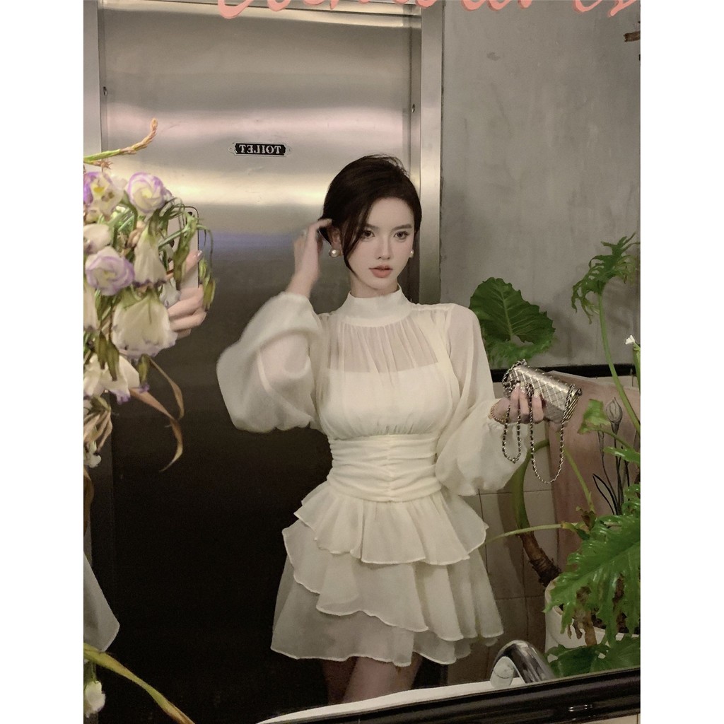 Váy Liền Voan Cổ Cao Nửa Cổ Dài Tay Kiểu Pháp Váy Khí Chất Nhẹ Nhàng Mùa Thu Cho Nữ Váy Bánh Bèo Viề