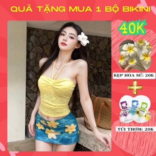 Đồ bơi kín đáo 2 mảnh cho nữ đi biển bikini set 3 món áo quây có mút kèm quần và chân váy SET HOA VÀNG TRẮNG VÁY XANH B1