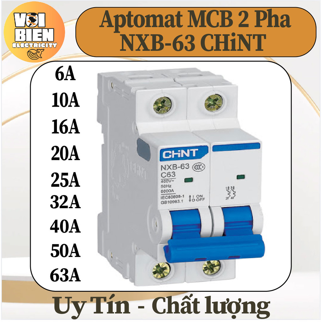 Aptomat MCB 2 Pha NXB-63 Chint 6A ~ 63A, Dòng cắt 6kA~10kA, át Chint 2p, Át chint 2 pha 6A - 63A