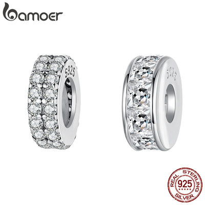 Bamoer Bạc 925 Mặt Dây Chuyền Lấp Lánh Vuông Kim Cương Silicon Miếng Đệm Hạt Vòng Tay Thời Trang Chống Dị Ứng Trang Sức Nữ Quà Tặng