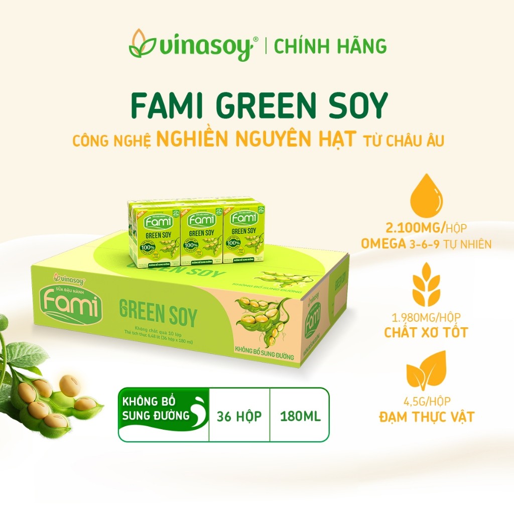 Thùng sữa đậu nành Fami Green Soy không bổ sung đường (36 hộp x 180ml)