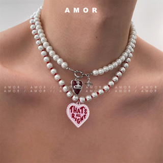 Vòng cổ Choker Unisex hình trái tim hồng ngọc trai phong cách Hàn Quốc