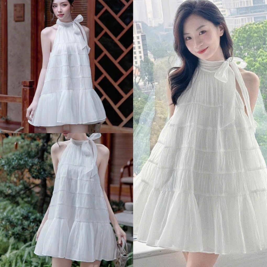Đầm babydoll cổ yếm đính nơ chất voan tơ xoè tầng, Váy nữ xoè hở vai công chúa hàn quốc XUYXUY