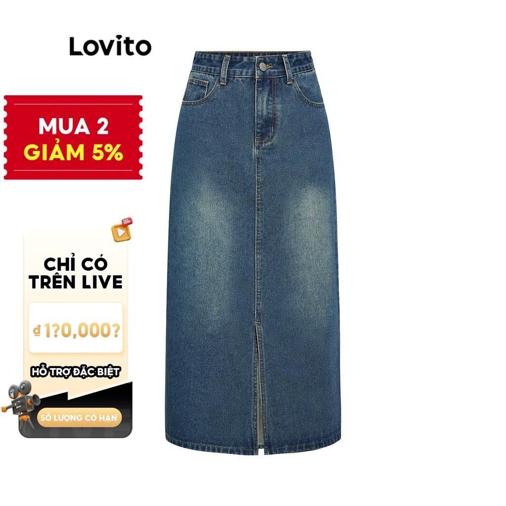 [VHL x LOVITO] Lovito Chân Váy Midi Vải Denim Màu Trơn Họa Tiết Sọc Xẻ Tà Phong L39AD079