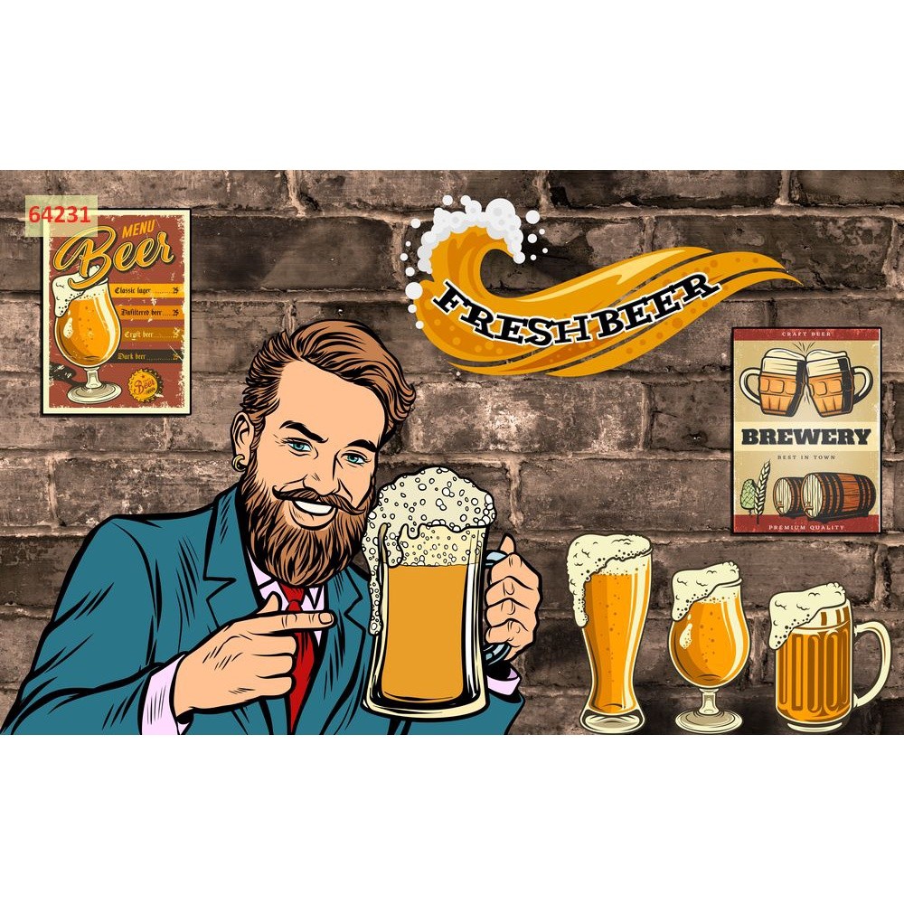 Tranh Vải Dán Tường Quán Nhậu, Quán Bia ăn uống vui nhộn 3D đặc sắc