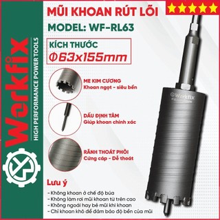  Mũi Khoan Rút Lõi Bê Tông WORKFIX Phi 63 Dài 155mm Chuôi Lục Có Định Tâm Mũi Rút Lõi Điều Hòa 