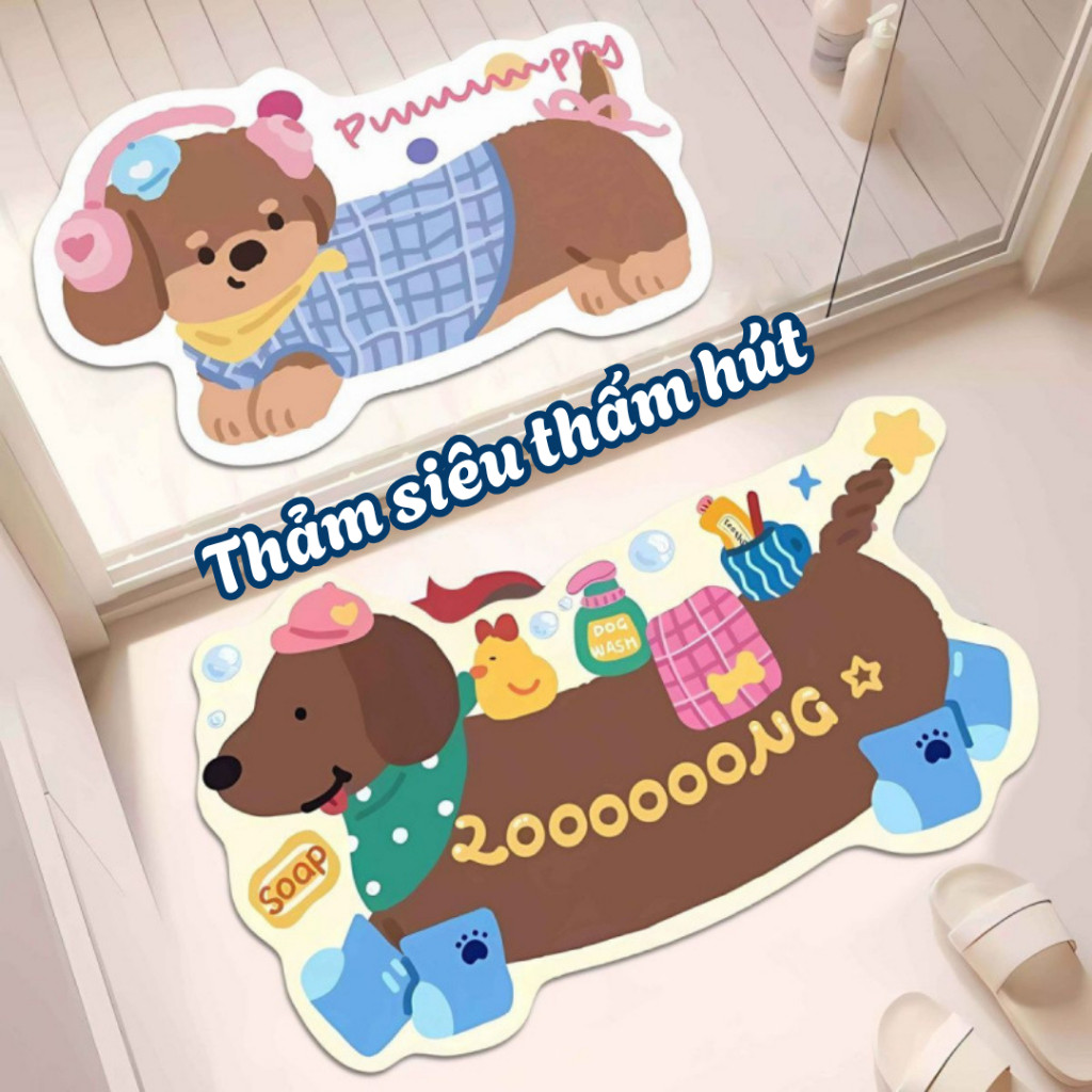 Thảm Chùi Chân Nhà Tắm Hình Cún Dễ Thương  Chất Liệu Napas Nhanh Khô, Thảm Thấm Hút, Lau Chân Chống 
