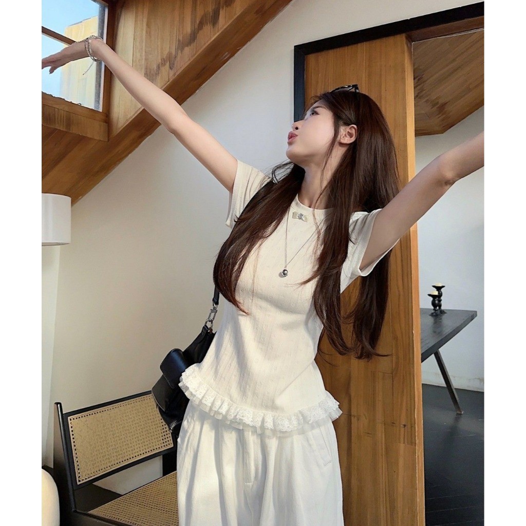 Meet-Adm Áo Thun Ngắn Tay Ren Ren Đơn Giản Jacquard Phiên Bản Hàn Quốc | BigBuy360 - bigbuy360.vn