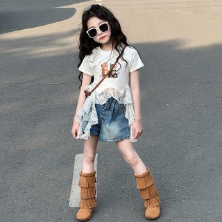 Áo thun ngắn tay bé gái Áo sơ mi chắp vá ren thời trang cho bé gái
