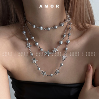 Y2K Ngôi Sao Ngọc Trai Xám Vòng Cổ Dài Xếp Chồng Choker Bộ Phụ Kiện Thời Trang Sang Trọng