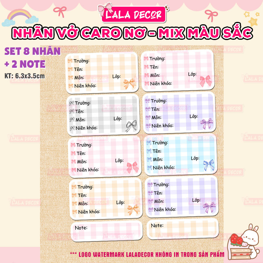 Nhãn Vở Coquette Nơ Mix Màu Dễ Thương, Nhãn Vở Caro Hồng, Tím, Cam Pastel 🎀 Giấy Nhãn, Nhãn Tập Coqu