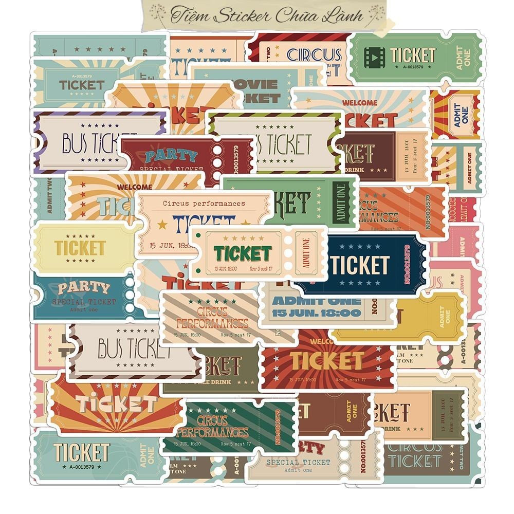 Set 50 cái sticker chống nước TEM TAG TICKET MÀU RETRO VINTAGE VÉ PHIM dán mũ bảo hiểm vali laptop