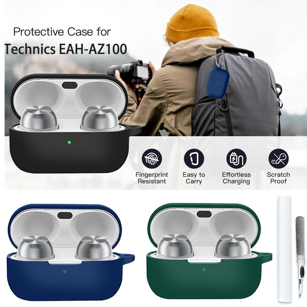 Ốp lưng + Bộ dụng cụ làm sạch cho Technics EAH-AZ100, Vỏ silicon mềm có móc khóa và dây buộc, Vỏ bảo