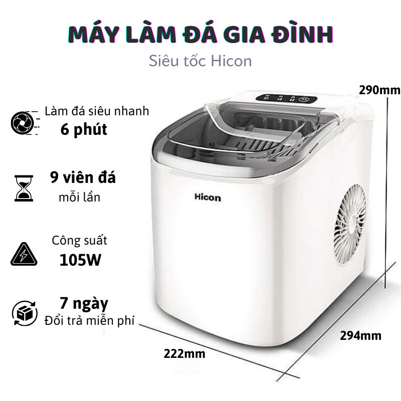 (CAO CẤP) Máy làm đá viên Hicon siêu tốc 6 phút cho gia đình, Tủ Lạnh mini làm đá, máy làm đá tức thì