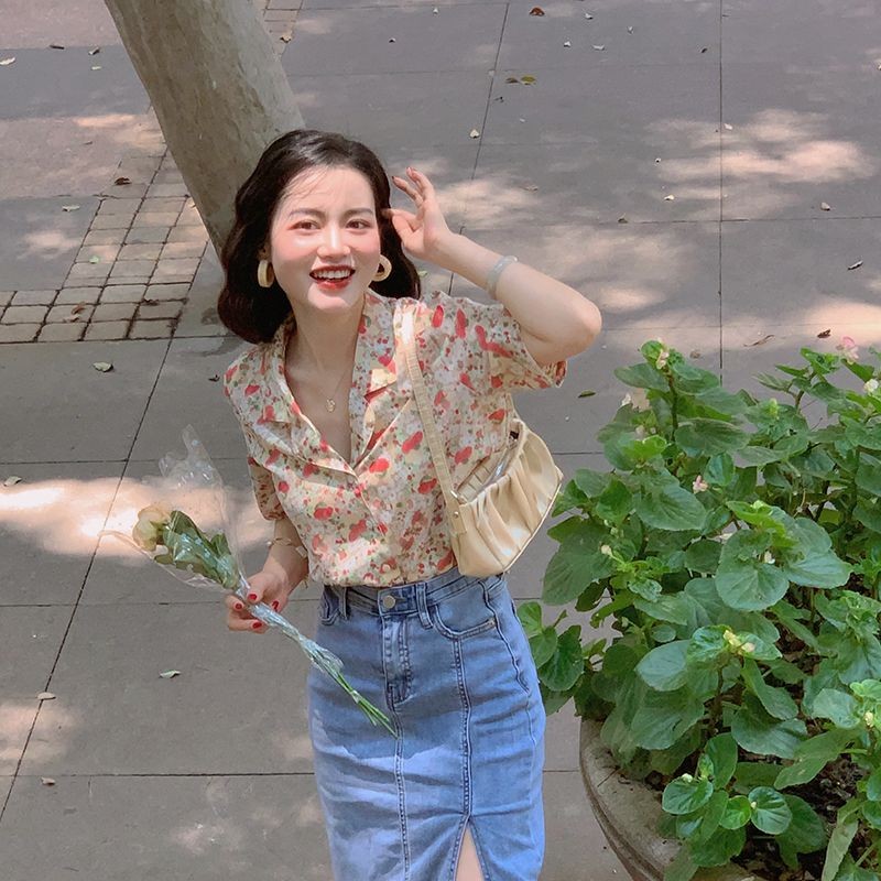 2022 Pháp Retro Sơn Dầu Bột Áo Sơ Mi Nữ Thiết Kế Sense Niche Rời Ngắn Top 2022 Pháp Retro Sơn Dầu Ng