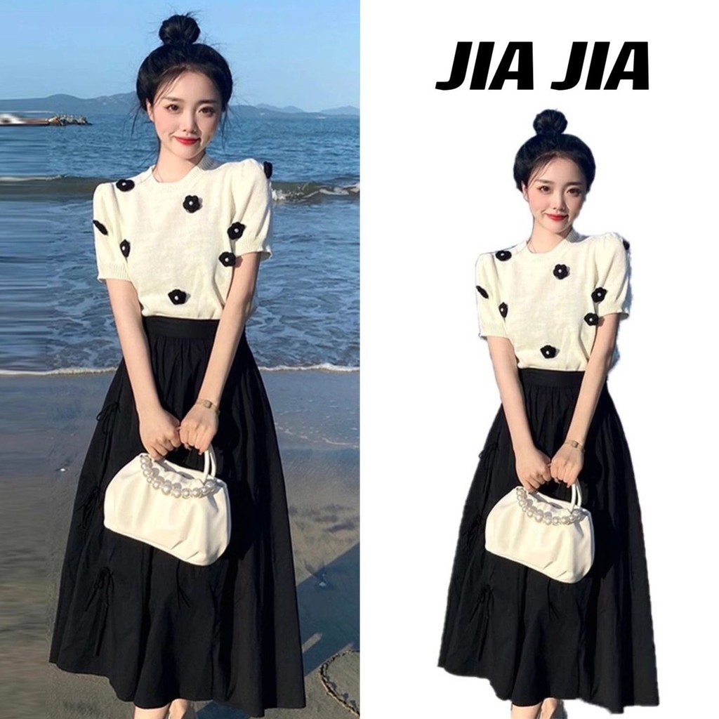 Set Áo Dệt Kim Đính Hoa+Chân Váy Xếp Ly Màu Đen Mẫu Mới Mùa Hè Cho Nữ Phong Cách Chanel