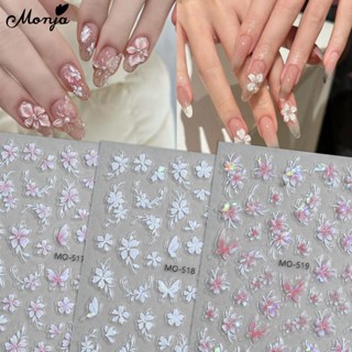 Monja 3D Móng Tay Nghệ Thuật Dán Hoa Trắng Móng Tay Đầu Đề Can Đơn Giản Hoa Cánh Hoa Tự Dính Thanh Trượt DIY Thiết Kế Làm Móng Tay Trang Trí