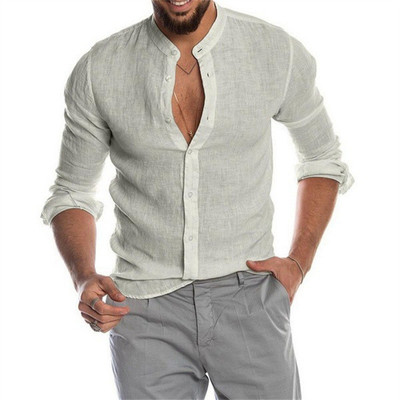 Áo Sơ Mi Nam Vải Lanh Dài Tay Rời Cổ Đứng Mỹ Cardigan Trắng Thoải Mái Kemeja Lelaki LY37