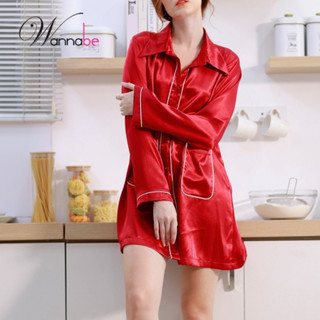 Đầm ngủ sơ mi WANNABE kiểu dáng pyjama dáng suông rộng rãi che bụng tay dài viền gân có túi DNS44