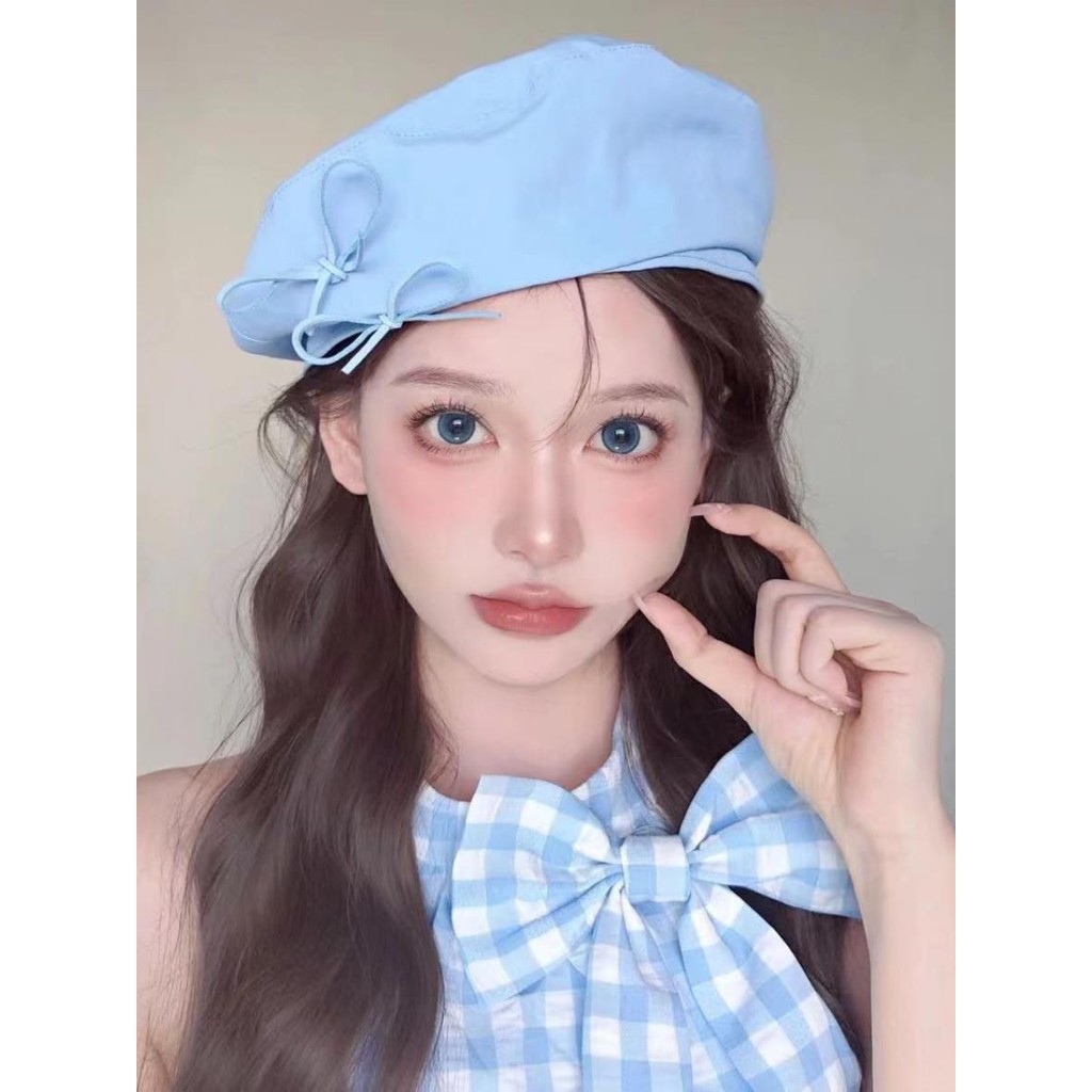 Mũ Sức Sống Nữ Tính Mũ Nồi Đôi Nơ Bướm Xanh Nữ Sinh Mũ Họa Sĩ Nhí Băng Ngọt Ngào Xinh Xắn