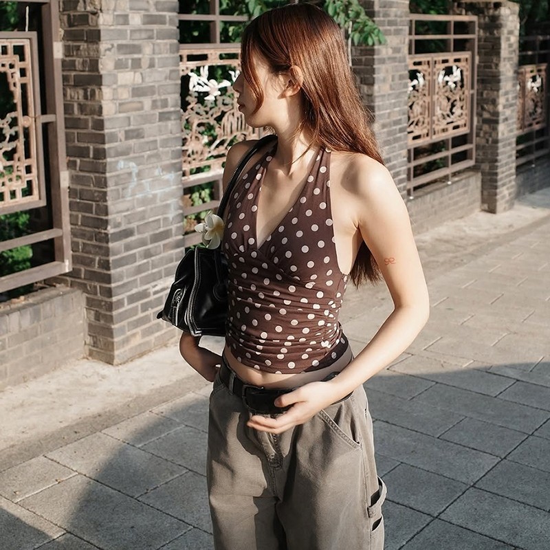 Klalien Chấm Bi In Áo Vest Nữ Y2K Ren Backless Dây Cổ Chữ V Skinny Xu Hướng Mùa Hè Hàng Ngày Đường Phố Cơ Bản Sang Trọng Áo | BigBuy360 - bigbuy360.vn