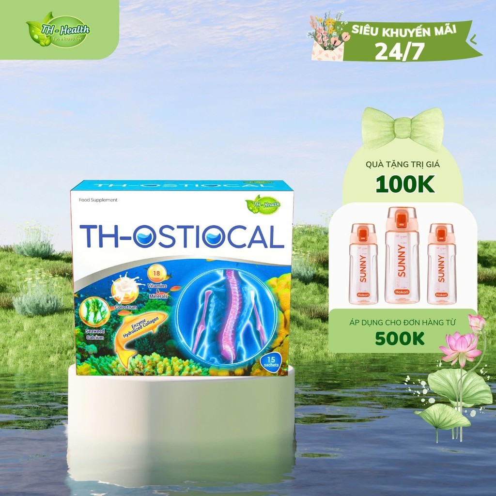 Canxi Tảo Biển TH Ostiocal, Hỗ Trợ Bổ Sung Canxi, Collagen Từ Tảo Biển, Sữa Non - Hộp 15 Gói