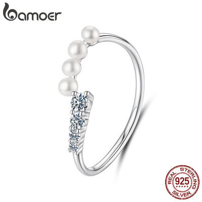 Bamoer Bạc 925 Mở Nhẫn Có Thể Điều Chỉnh Kích Thước Ngọc Trai Moissanite Trang Sức Thời Trang Quà Tặng Cho Nữ MSR084-E