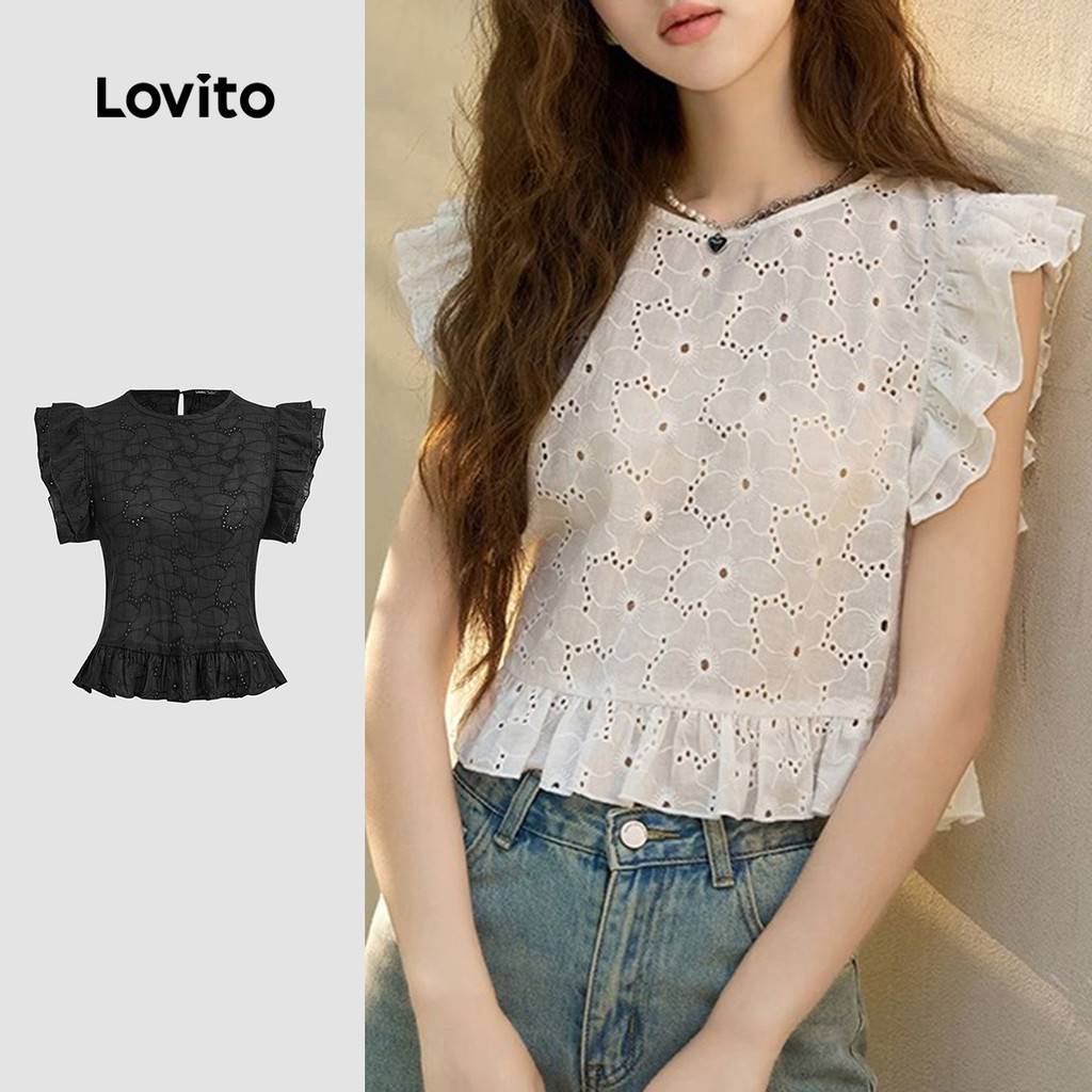 (Trendy) Lovito Áo Tank Top Plain Eyewear Thêu Ruffle Tank Top dành cho nữ LNE20172 (Trắng) | BigBuy360 - bigbuy360.vn