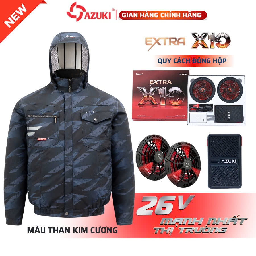 Áo Điều Hòa AZUKI EXTRA X10 New 2025, 24.000mAh, Quạt 26V Chạy 12-20H, Chống Nước, Sạc Nhanh 5H