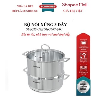 BỘ NỒI XỬNG 3 ĐÁY SUNHOUSE SHG507-24C, Chất liệu Inox cao cấp, Bắt từ tốt, phù hợp với mọi loại bếp