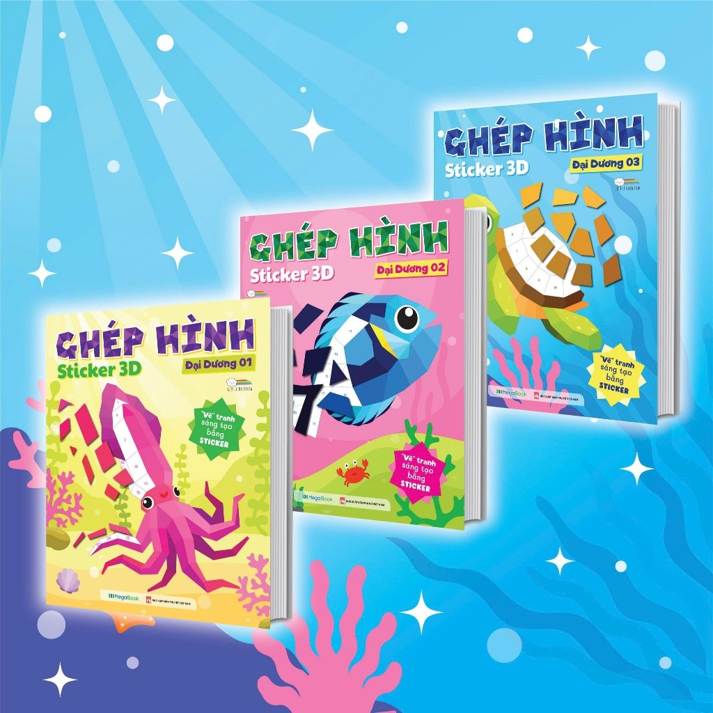 Sách Combo Ghép hình sticker 3D - Đại dương (3 cuốn) (Sách bóc dán ghép hình sáng tạo cho bé)