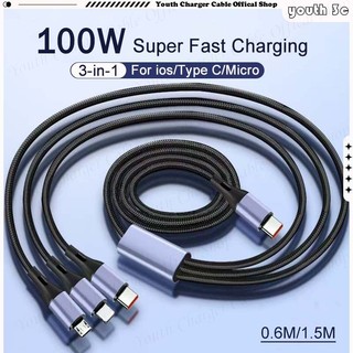 PD100W 1-to-3 Cáp dữ liệu sạc siêu nhanh Loại C Cáp sạc điện thoại bện Dây chuyển đổi nguồn cho ios / Loại C / Micro