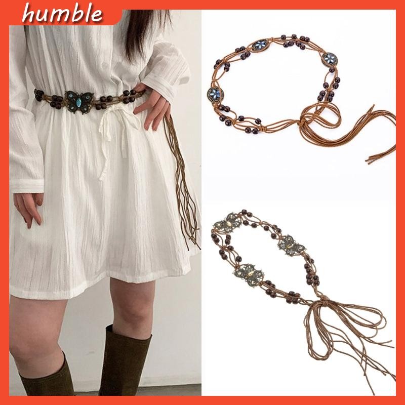 Hum Thắt Lưng Nữ Viền Có Hạt Phương Tây Phong Cách Bohemian Tua Rua Thắt Nút Thắt Lưng Rộng Dây Dệt 