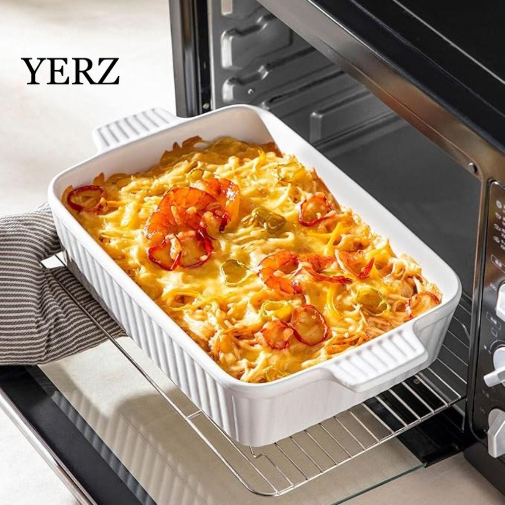 Khay nướng gốm sứ YERZ, được làm sâu có tay cầm Đĩa nướng bánh, họa tiết sọc hình chữ nhật đa năng L