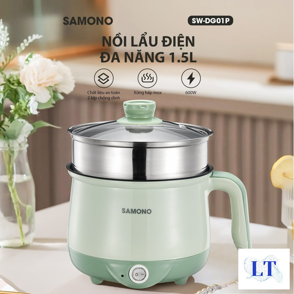 Nồi điện đa năng dung tích 1.5L Samono SW-DG01P phủ 2 lớp chống dính, 600W, kèm xửng hấp inox