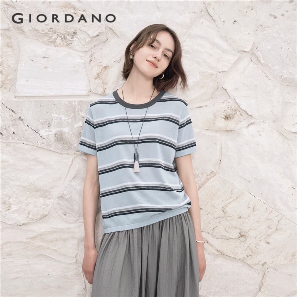 GIORDANO WOMEN Contrasting stripe short sleeve sweater 18355606