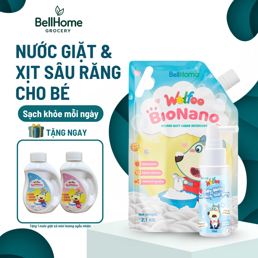 Combo Nước giặt xả Wolfoo 2.1kg trà trắng - Xịt sâu răng Wolfoo 30ml An toàn cho bé