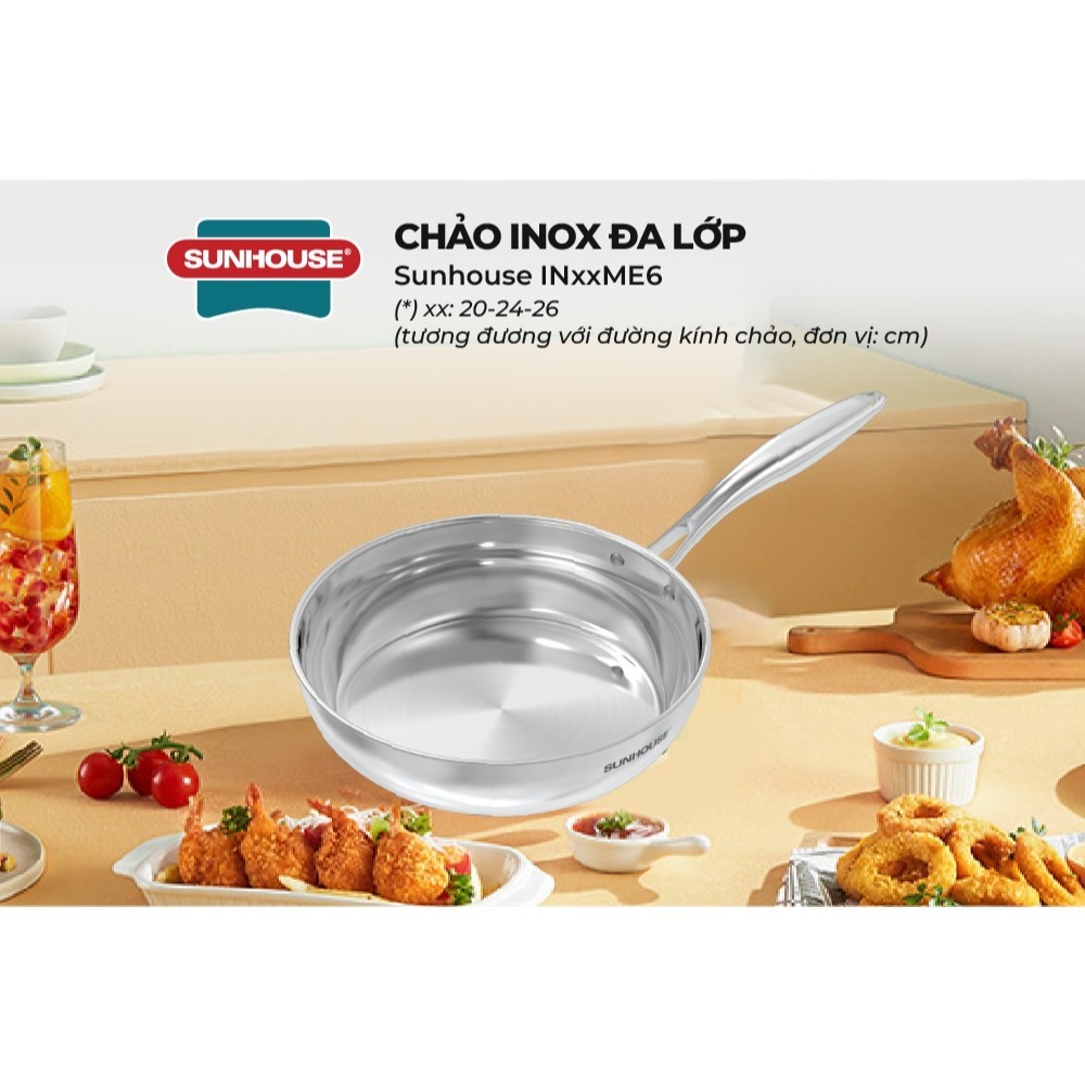Chảo Inox Đa Lớp Sunhouse, IN26M6E, Hàng Chính Hãng, Size 20-26cm, Tay Cầm Cách Nhiệt - JoyMall