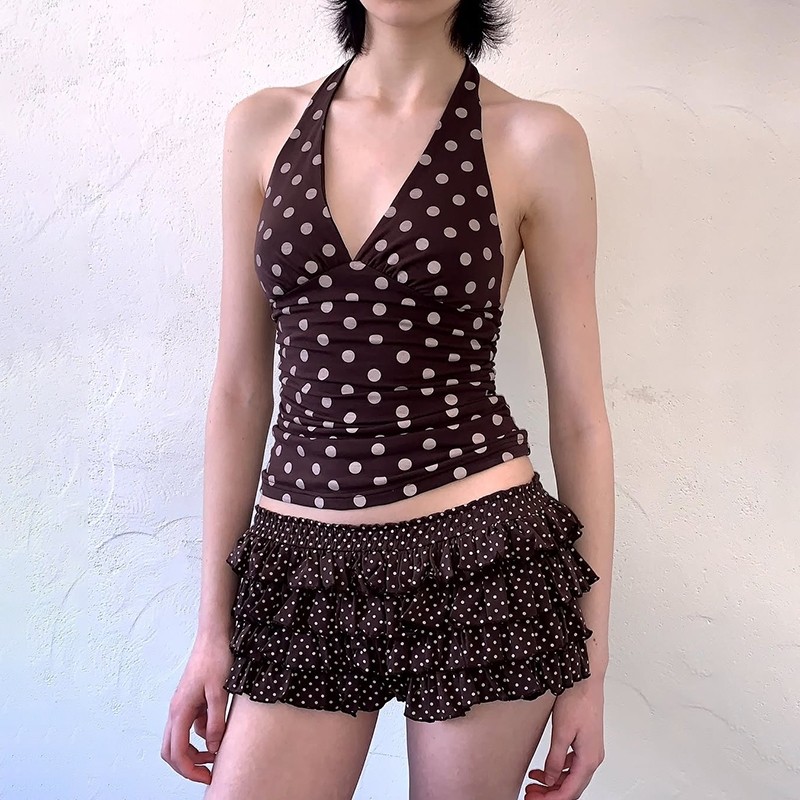 Klalien Chấm Bi In Áo Vest Nữ Y2K Ren Backless Dây Cổ Chữ V Skinny Xu Hướng Mùa Hè Hàng Ngày Đường Phố Cơ Bản Sang Trọng Áo | BigBuy360 - bigbuy360.vn